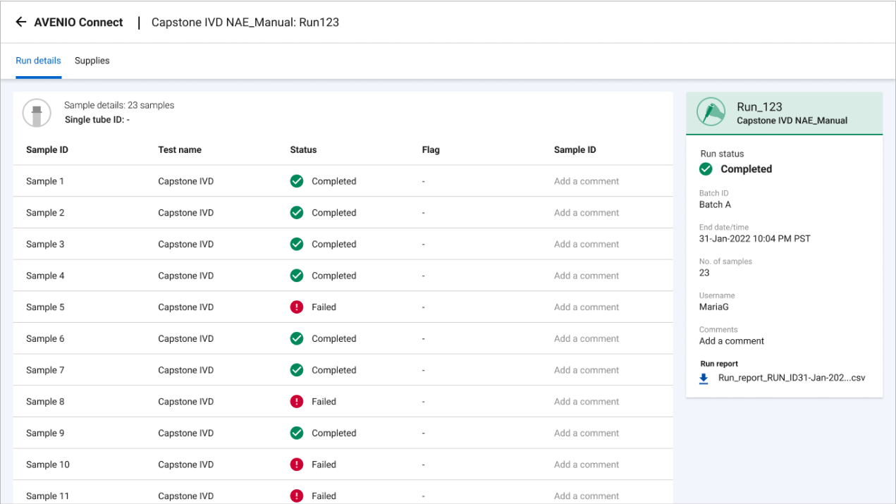 Individual sample statuses, run metadata, and downloadable reports